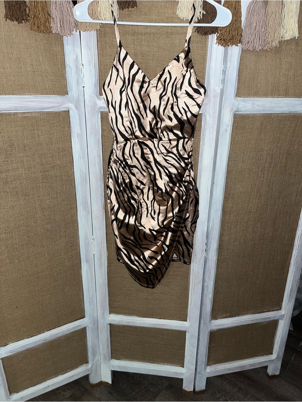 Satin Zebra Print Slip Dress in Champagne & Black